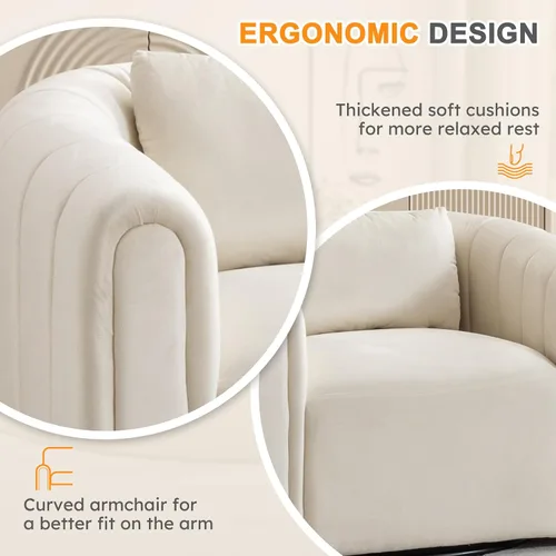 Vista 7 de ANJ Silla giratoria decorativa, silla de barril de terciopelo para sala de estar, cómodo sillón moderno, completamente montado (beige)