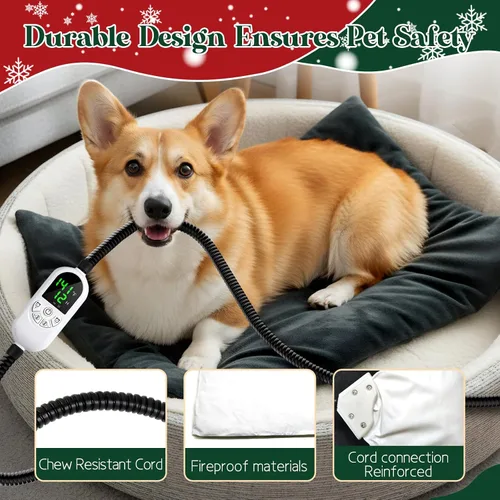 Vista 4 de Almohadilla térmica para mascotas de 18 x 28 pulgadas, cama térmica para perros y gatos con 12 ajustes de temperatura y temporizador, alfombrilla