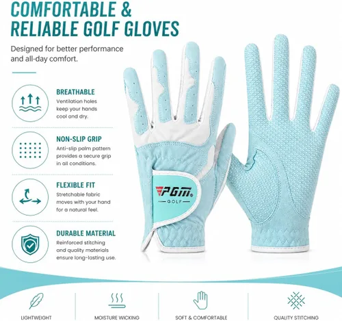 Vista 3 de PGM Guantes de golf para mujer, un par (4 opciones de color), sistema de agarre mejorado, fresco y cómodo Azul