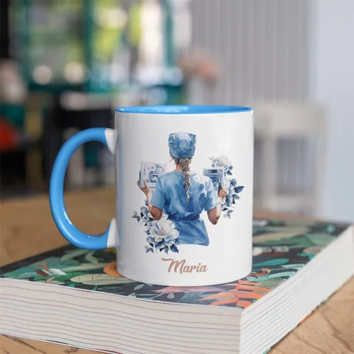 Vista 4 de Enfermera con equipos médicos Tazas de café, Taza de cerámica de enfermería con nombre personalizado, Taza de café asistente médica, Regalo