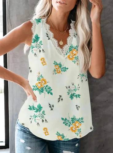 Vista 110 de VIISHOW - Camiseta sin mangas, sexy, con cuello en V y bordes de encaje para mujer, camisola de vestir, camisas de gasa, sin mangas, casuales
