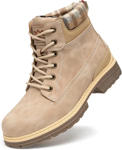 Vista 9 de Botas de invierno para senderismo en la nieve para mujer, botas de trabajo de combate marrones casuales, botas de tobillo antideslizantes con forro