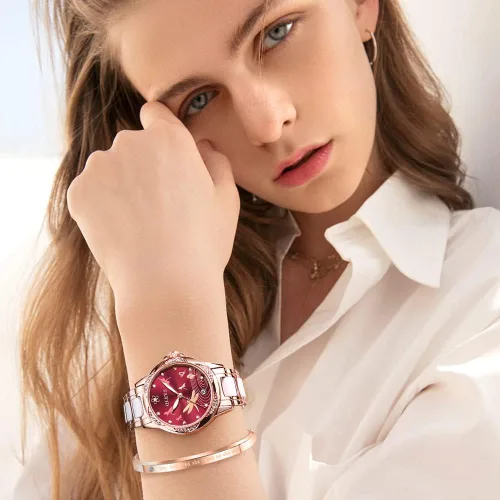 Vista 5 de OLEVS Relojes automáticos para mujer, mecánico, esfera de corazón, esfera de corazón, oro rosa, banda de cerámica, impermeable, luminoso, fecha