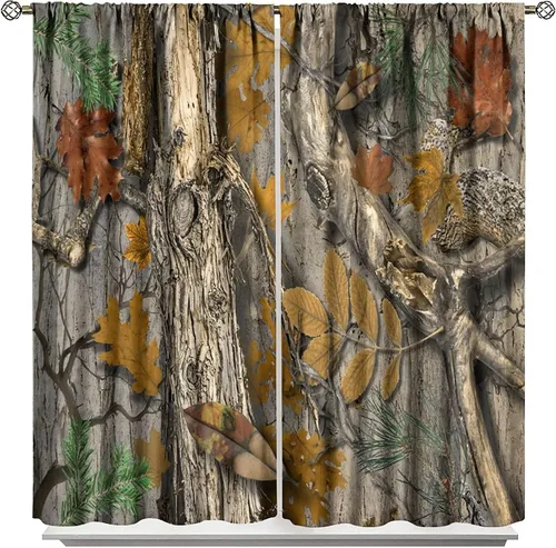 Vista 21 de Cortinas opacas de camuflaje de bosque, animales salvajes, osos, ciervos, alces, con bolsillo para barra, para sala de estar, dormitorio, decoración