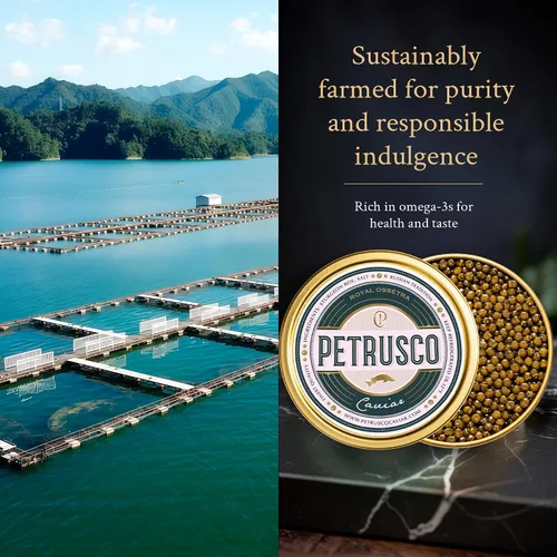 Vista 3 de PETRUSCO Royal Ossetra - Caviar negro de primera calidad, Huevas de pescado de esturión gourmet frescas en una lata de metal sellada, 1.06 oz