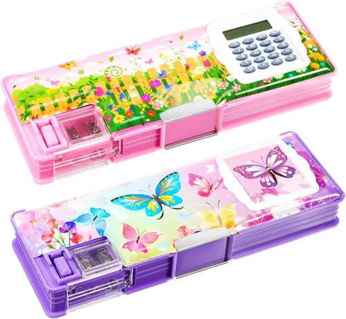 Vista 10 de Henoyso Estuche multifuncional de 2 piezas con calculadora para niñas, bonita caja de lápices de plástico con sacapuntas, bolsa para bolígrafos