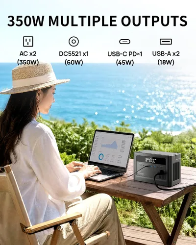 Vista 3 de Estación de energía portátil 2026 de 700 W, batería de reserva LiFePO4 de 288 Wh, banco de energía con salida de CA 350 W/110 V, generador solar