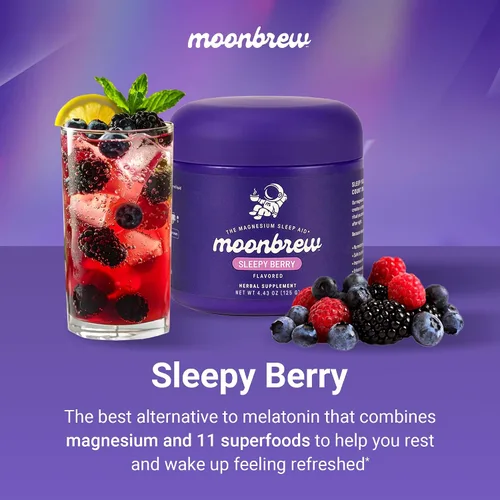 Vista 3 de MoonBrew Batido Nocturno de Magnesio Sleepy Berry, Mezcla de Bebida de Ayuda Natural para Dormir para Adultos - Apoyo Calmante para Dormir Sin