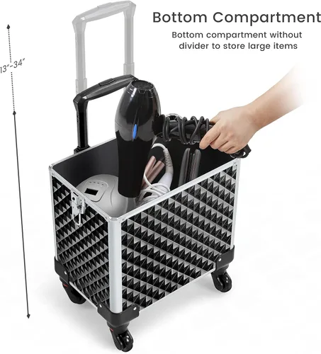 Vista 7 de Yaheetech Estuche de tren de maquillaje rodante 3 en 1, organizador de gran capacidad con ruedas giratorias, carrito cosmético para llaves para Negro