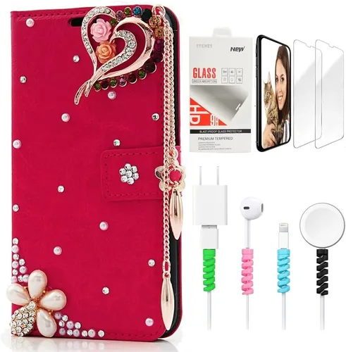 Vista 7 de Bling - Funda de piel con tapa para Samsung Galaxy S21 Ultra con diseño de corona en 3D hecha a mano con protector de pantalla y protector de cable