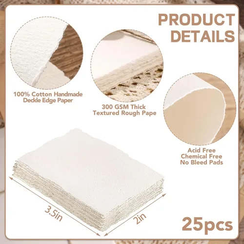 Vista 2 de Prudiut 25 hojas de papel de acuarela de algodón con borde deckled de 300 GSM, 2 x 3.5 pulgadas, blanco, texturizado, ideal para pintura