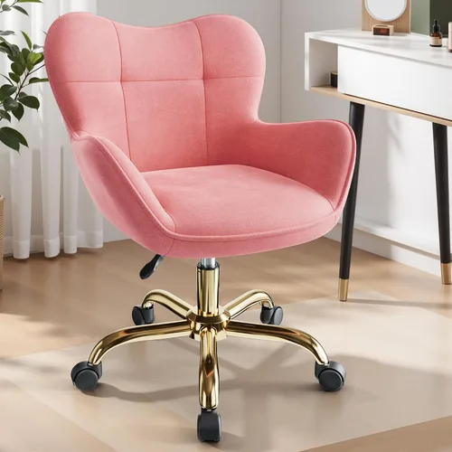 Vista 2 de Silla de tocador con ruedas, bonitas sillas de escritorio de altura ajustable para dormitorio, silla de maquillaje moderna con respaldo (rosa)