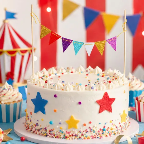 Vista 6 de LUOZZY 5pcs Circo Carnaval Cake Toppers Triángulo Bandera Banner Tema Fiesta Llamativa bandera de circo para decoración de tartas de carnaval
