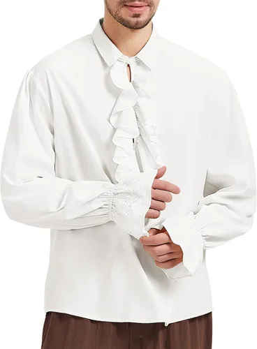 Vista 3 de American Trends Camisa pirata medieval renacentista para hombre, disfraz victoriano con volantes, steampunk, vampiro, gótico, tops de Halloween
