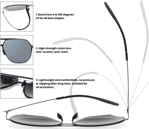 Vista 6 de Lentes de sol modernos de aviador para hombres y mujeres, lentes polarizados ultraligeros con marco de metal, lente de espejo plateado, protección