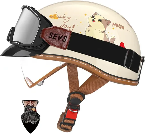 Vista 14 de Casco Moto Retro Jet para hombres y mujeres Homologado DOT, Medio Casco ABS, Ventilación Doble, Visera Retráctil y Forro Desmontable Fresco