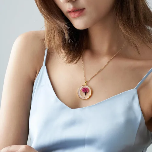 Vista 23 de Collares de flores de nacimiento para mujer, collar de 1 a 12 meses, collar de flores prensadas hecho a mano, regalo único de vacaciones, dorado, 18