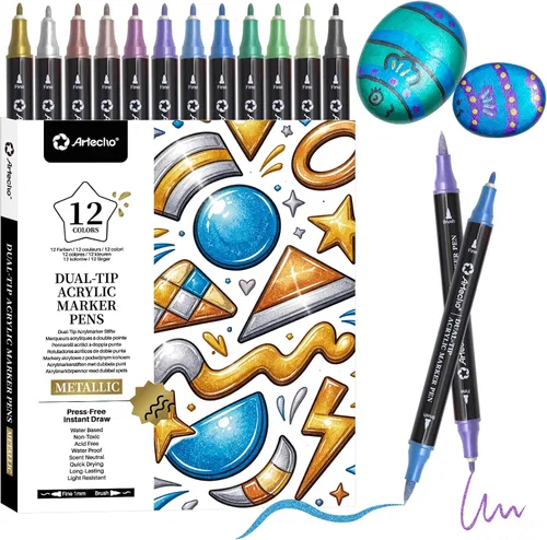 Vista 11 de Artecho Bolígrafos de pintura con purpurina, 12 colores acrílicos con purpurina con punta extra fina de 0.028 in para pintura de rocas, piedra