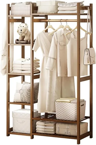 Vista 15 de Perchero de bambú con 5 estantes de almacenamiento para vestidos, zapatos y sombreros, carga máxima de 220.5 lbs, ideal para dormitorio