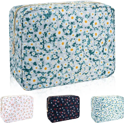 Vista 55 de Iqimott Bolsa Grande de Maquillaje de Nylon, Neceser de Viaje, Bolsa Grande de Cosméticos Preppy, Organizador de Maquillaje de Nylon, Bolsa de Beige