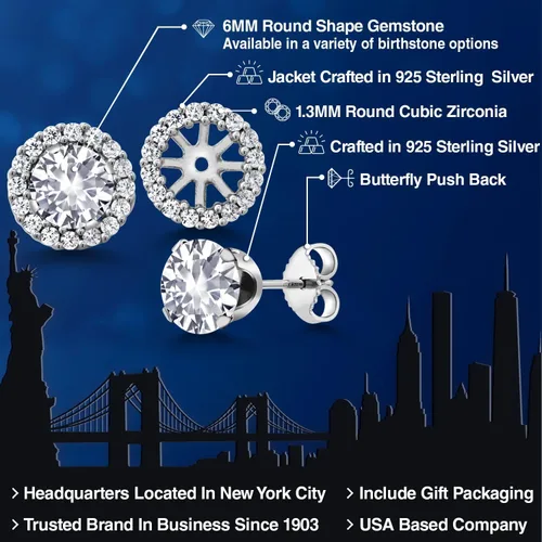 Vista 243 de Gem Stone King Aretes redondos de plata de ley 925 de 0.236 in con piedra natal extraíble para mujer