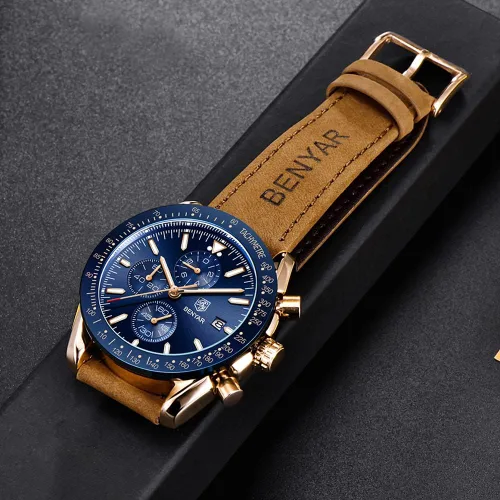 Vista 5 de BENYAR - Relojes de cuarzo para hombre cronógrafo de lujo impermeables a la moda de cuero marrón para hombre