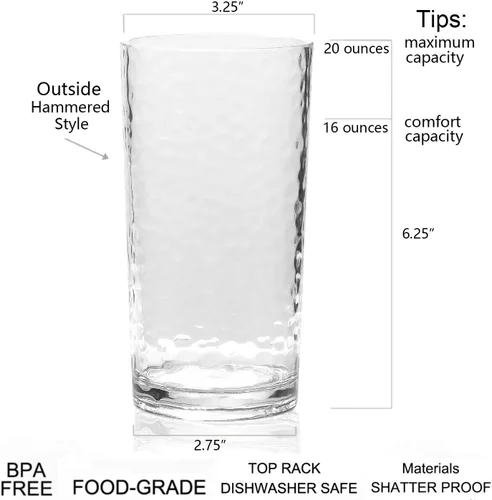 Vista 2 de KX-WARE Vasos de plástico acrílicos de 20 onzas, juego de 12 unidades, transparentes, estilo martillado, apto para lavavajillas, sin BPA