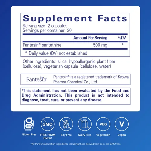 Vista 2 de Pure Encapsulations Pantethine, 60 Cápsulas Suplemento hipoalergénico que apoya el metabolismo saludable de los lípidos y la función cardiovascular*