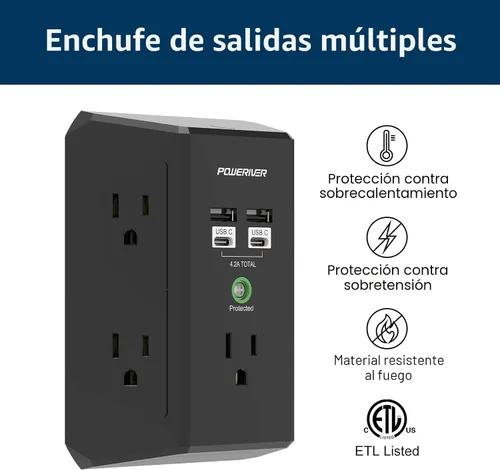 Vista 3 de POWERIVER - Extensor de sobretensiones multitoma de corriente con 5 salidas de CA y 4 puertos USB (2 USB C), 1,680 julios, divisor de salida