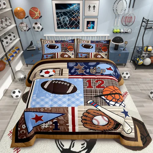 Vista 44 de Juego de edredón de fútbol para niños, tamaño individual, con líneas geométricas doradas, campo de fútbol, 2 piezas, para niños, adolescentes