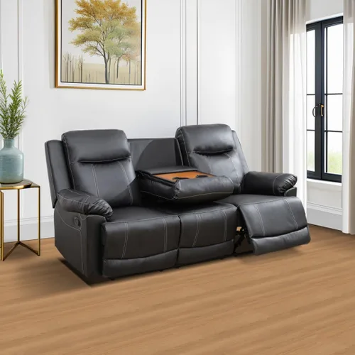 Vista 4 de Juego de sofá reclinable de cuero, juego de sofá manual de cuero regenerado para sala de estar, juego de muebles de sala con consola de Negro