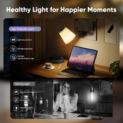 Vista 4 de Juego de 2 lámparas de mesa industriales para dormitorio, lámpara de noche táctil regulable de 3 vías para mesita de noche con puertos USB C+A