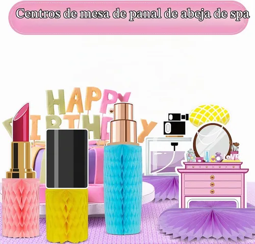 Vista 5 de Censen - 10 piezas de decoración de fiesta de spa para niñas, centros de Decoración de mesa de panal de abeja de maquillaje 3D, cosméticos
