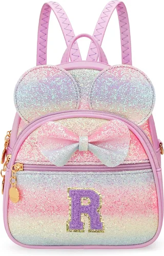 Vista 23 de KKXIU Mochilas Mini con Moño Inicial para Niñas y Mujeres, Linda Mochila Pequeña con Asa de Bolso, Regalos Personalizados para Niños, Arcoíris