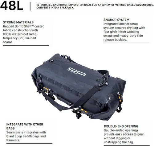 Vista 3 de Giant Loop Tillamook Bolsa seca, equipaje impermeable para motocicleta, ideal para viajes con mosca y paseo, almacenamiento de 48 litros, se adapta
