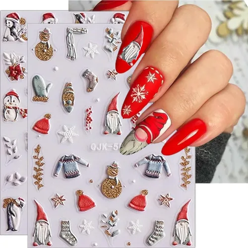Vista 6 de Calcomanías de arte de uñas de Navidad 5D en relieve autoadhesivas para arte de uñas, lindos gnomos de Papá Noel, muñeco de nieve, árbol de Navidad