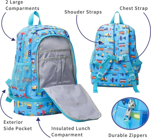 Vista 3 de Mochilas para niños y niñas, bonita mochila ligera para niños y niñas, mochila preescolar con bolsa de almuerzo aislada, Azul, Personalizado