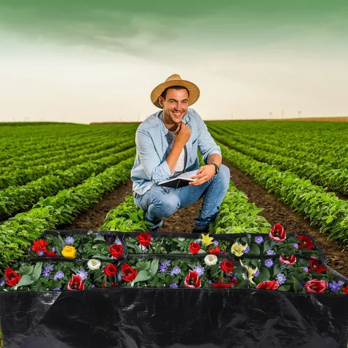 Vista 7 de 6 piezas de 35 galones de tela elevada cama de jardín transpirable contenedor de cultivo con 6 compartimentos rectangular grande elevado cama