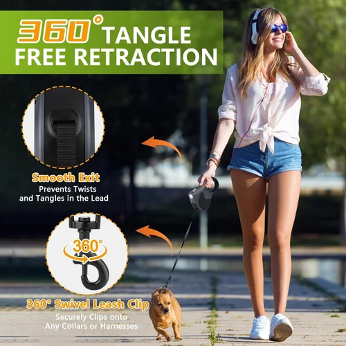 Vista 7 de Correa retráctil para perro con linterna, correa de paseo para perros de hasta 77 libras, correa de nailon sin enredos de 360°, mango Gris