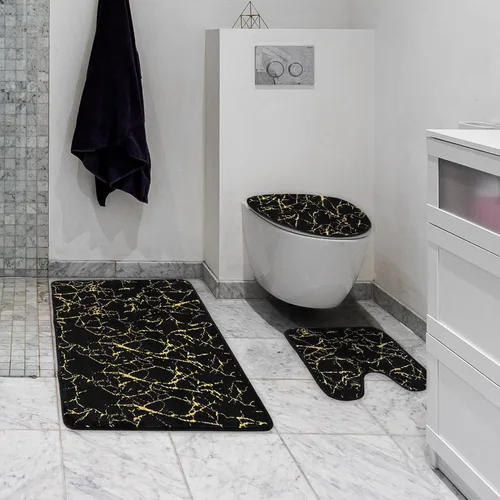 Vista 3 de Juego de 3 alfombras y tapetes de baño antideslizantes de mármol negro dorado, suave, lavable, absorbente de agua, con contorno en forma de U y tapa