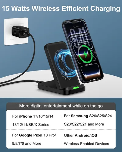 Vista 4 de Soporte de Carga Inalámbrica Android para Samsung Galaxy S26 S25 Ultra S24, Soporte de Teléfono de Carga Inalámbrica de 15 W para iPhone 17 Pro Max