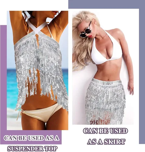 Vista 4 de Falda de danza del vientre con lentejuelas brillantes, bufanda bohemia con borlas para mujer, disfraz de rave