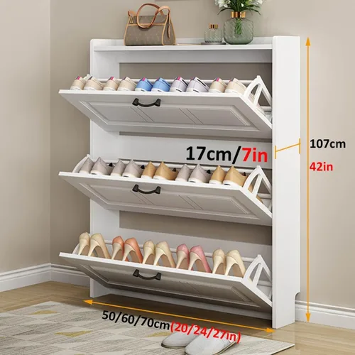 Vista 2 de Armario de almacenamiento de zapatos delgado blanco con 3 puertas abatibles, zapatero de entrada, organizador de zapatos para zapatillas, tenis