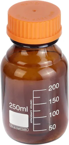 Vista 3 de 10 piezas de vidrio de borosilicato ámbar 8.5 fl oz graduado redondo laboratorio reactivo medios/botella de almacenamiento con tapa de rosca naranja
