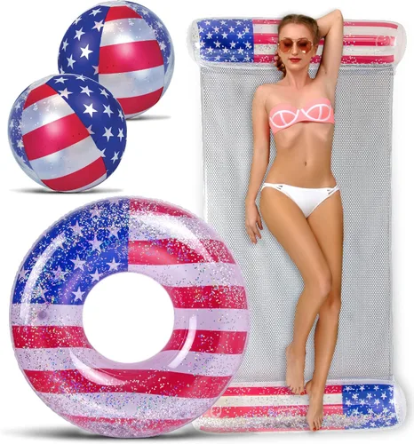 Vista 16 de POZA Flotador inflable de piscina de Estados Unidos – Lujosa tumbona divertida llena de confeti de estrellas plateadas brillantes, diseño de bandera