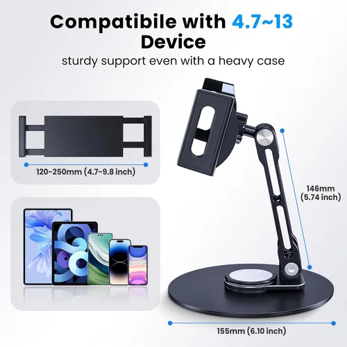 Vista 6 de Soporte para tableta para iPad, ajustable con base giratoria de 360 grados para escritorio, soporte giratorio de aluminio para tableta compatible