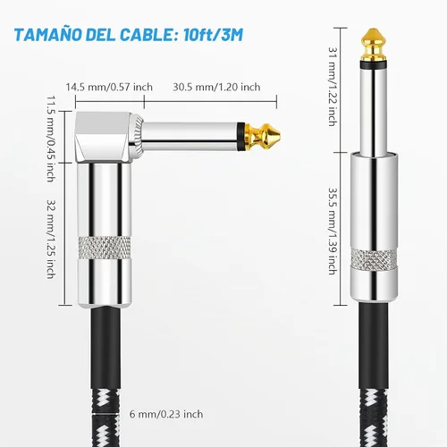 Vista 2 de Cable de guitarra de 10 pies de 0.25 in recto a ángulo recto, cable de audio trenzado de reducción de ruido para guitarra eléctrica, bajo
