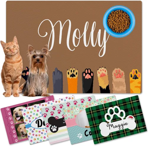 Vista 13 de Alfombrillas personalizadas de piel sintética para comida y agua, antideslizante e impermeable para nombre/foto, tapete personalizado