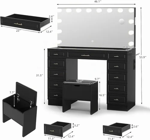 Vista 2 de VOWNER Tocador con espejo iluminado, escritorio de tocador de maquillaje Negro