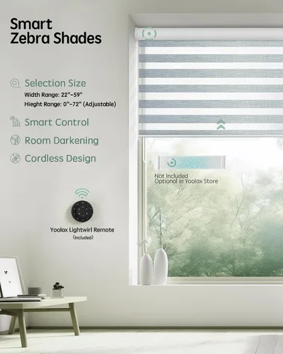 Vista 2 de Yoolax Persianas motorizadas con control remoto, persianas eléctricas de cebra para ventanas de interior, persianas inteligentes opacas con control